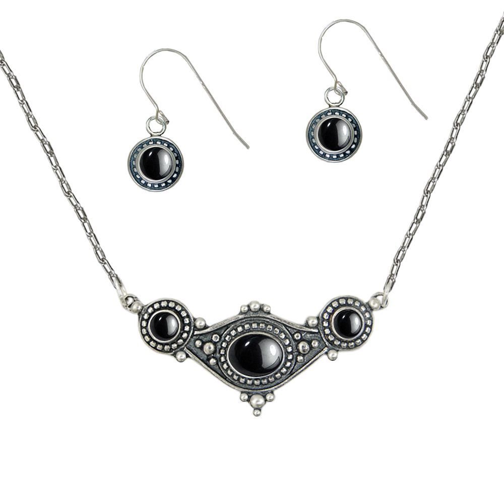 Sterling Silver Designer Necklace Earrings Set in Hematite